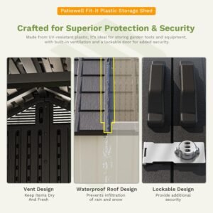 Patiowell 8 x 6 FT Plastic Outdoor Storage Shed with Floor, Resin Shed with Window and Lockable Door for Garden, Backyard, Tool Storage Use, Easy to Install in Beige (Kick-it Shed)