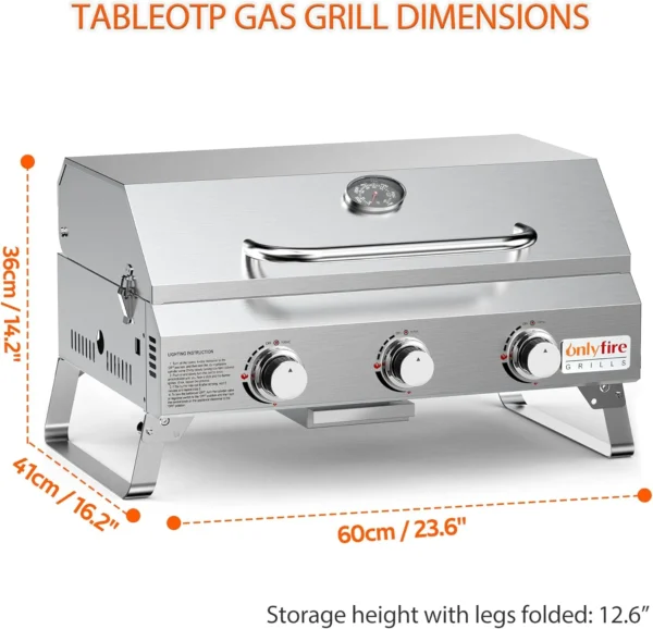 Onlyfire Tabletop Gas Grill 3 Burners, 24"  Propane Grill