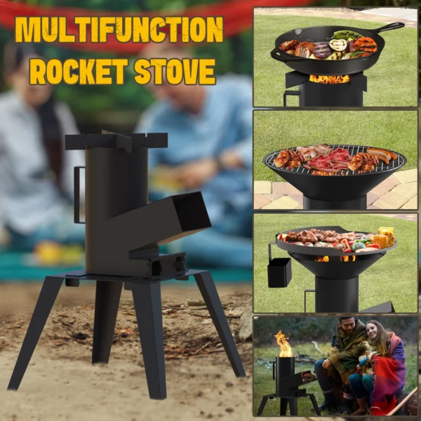 3-in-1 Camp Rocket Stove Kit with BBQ Grate, Griddle, Pot Rack, Portable Wood Burning Stove