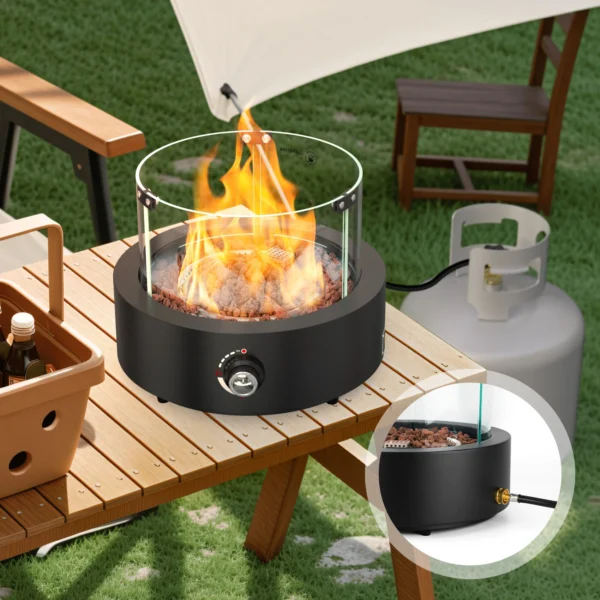 Onlyfire Tabletop Gas Fire Pit with Glass Wind Guard and Lava Rocks