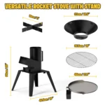 3-in-1 Camp Rocket Stove Kit with BBQ Grate, Griddle, Pot Rack, Portable Wood Burning Stove