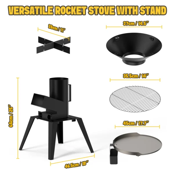 3-in-1 Camp Rocket Stove Kit with BBQ Grate, Griddle, Pot Rack, Portable Wood Burning Stove
