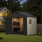 Patiowell 8 x 6 FT Plastic Outdoor Storage Shed with Floor, Resin Shed with Window and Lockable Door for Garden, Backyard, Tool Storage Use, Easy to Install in Beige (Kick-it Shed)