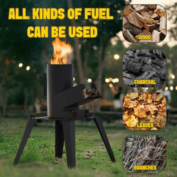 3-in-1 Camp Rocket Stove Kit with BBQ Grate, Griddle, Pot Rack, Portable Wood Burning Stove