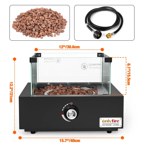 Onlyfire Tabletop Gas Fire Pit with Glass Wind Guard and Lava Rocks