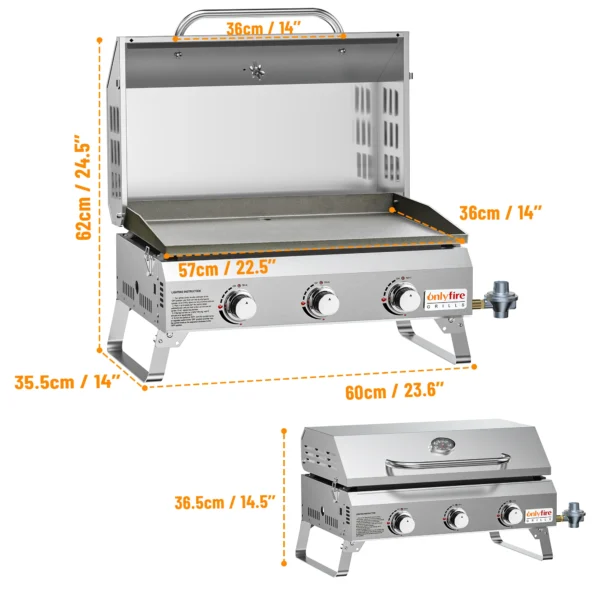 Onlyfire Tabletop Gas Griddle Grill with Lid, 3-Burner