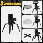 3-in-1 Camp Rocket Stove Kit with BBQ Grate, Griddle, Pot Rack, Portable Wood Burning Stove