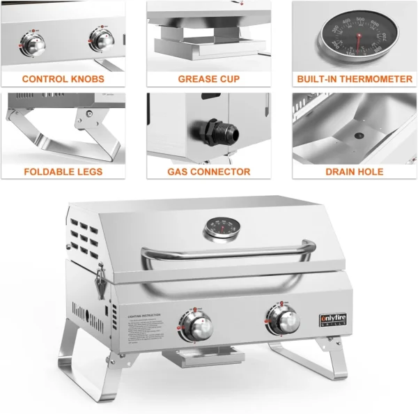 Onlyfire Tabletop Gas Grill 2 Burners, 20" Portable Propane Grill