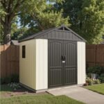 Patiowell 8 x 6 FT Plastic Outdoor Storage Shed with Floor, Resin Shed with Window and Lockable Door for Garden, Backyard, Tool Storage Use, Easy to Install in Beige (Kick-it Shed)