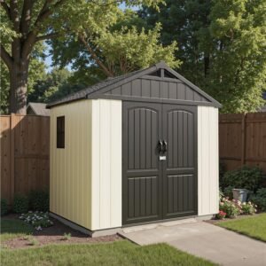 Patiowell 8 x 6 FT Plastic Outdoor Storage Shed with Floor, Resin Shed with Window and Lockable Door for Garden, Backyard, Tool Storage Use, Easy to Install in Beige (Kick-it Shed)